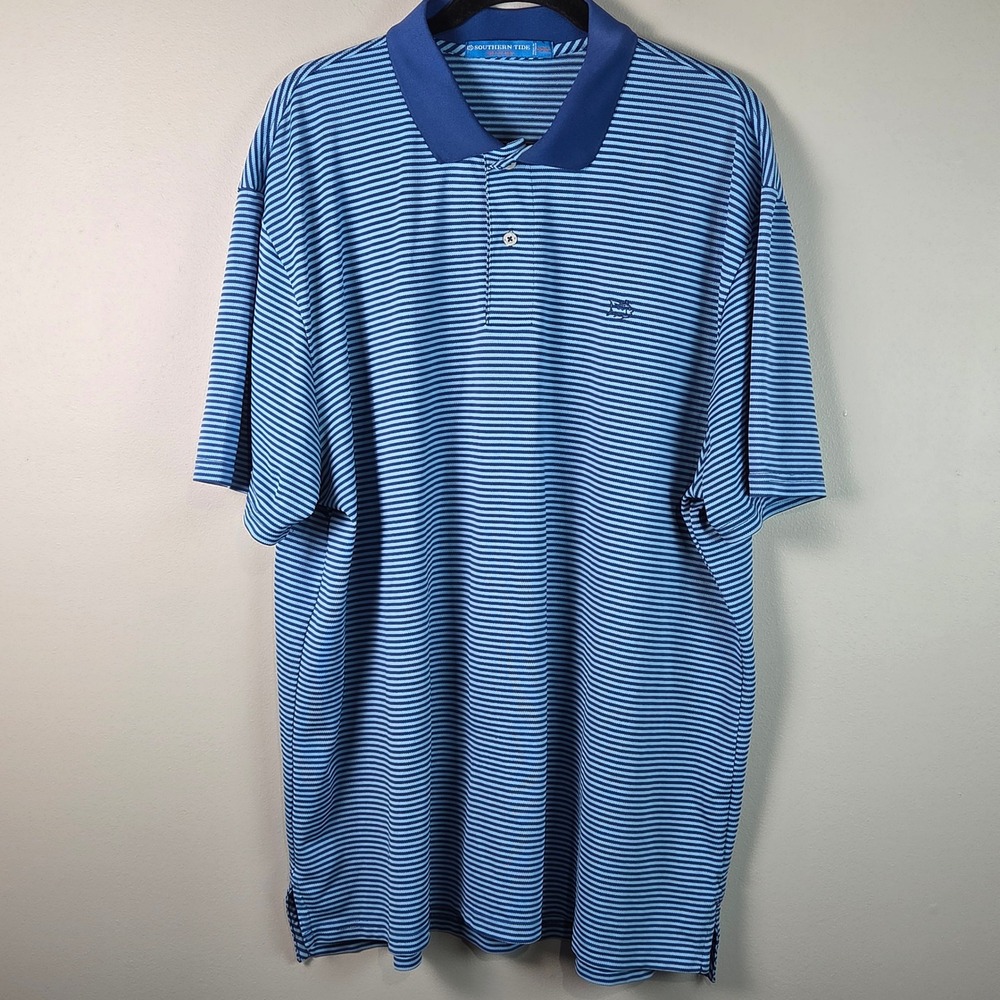 Southern Tide Polo Shirt Mens XXL Blue Good Striped Short Sleeve Golf Top